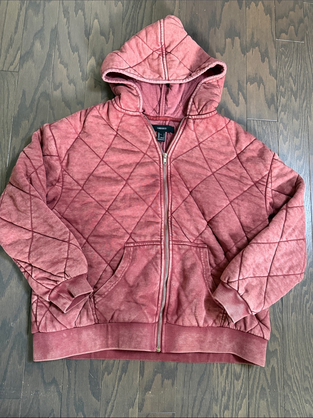 Forever 21 Quilted Hooded Zip Jacket in Dusty Rose
